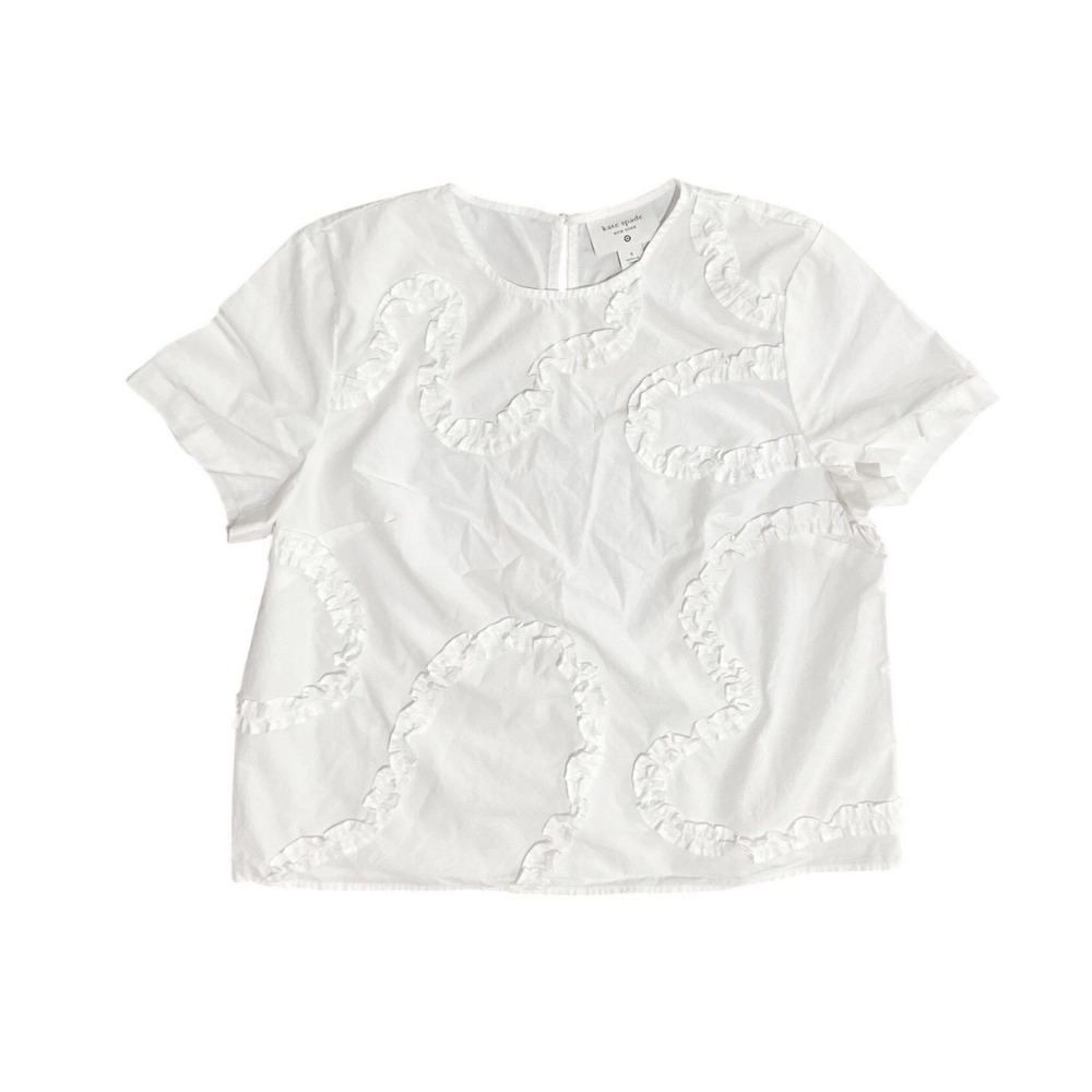 Kate Spade White Ruffle Applique Cotton Poplin Short Sleeve Blouse Size S